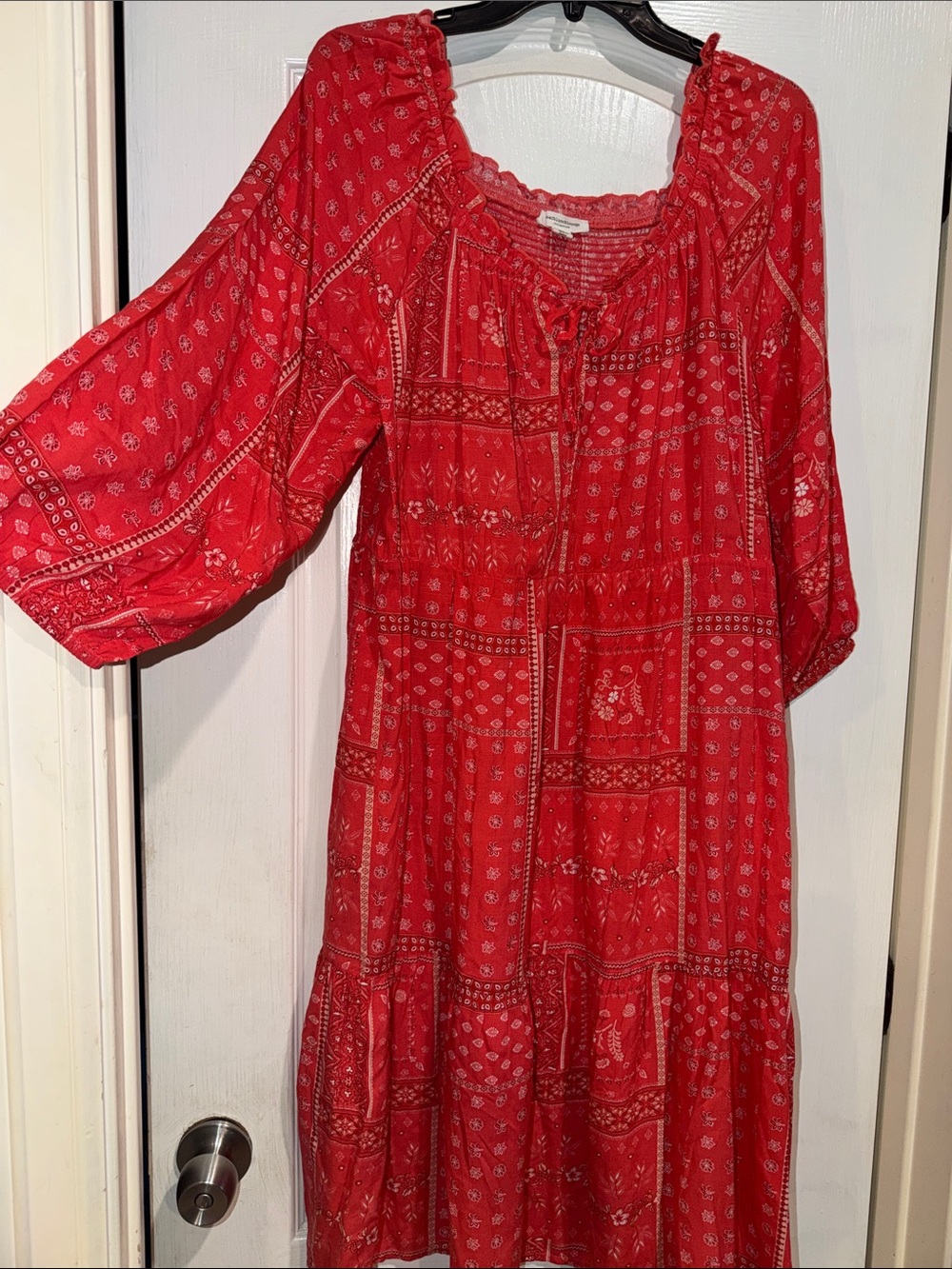 beachlunchlounge Red Printed Midi Peasant Dress